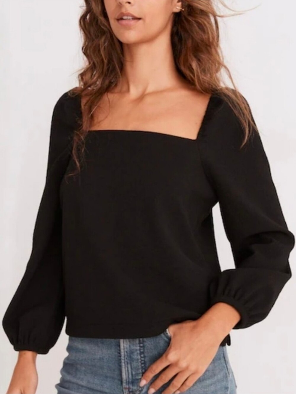 Madewell Black Crepe Square-Neck Puff Sleeve Top, Size XXS